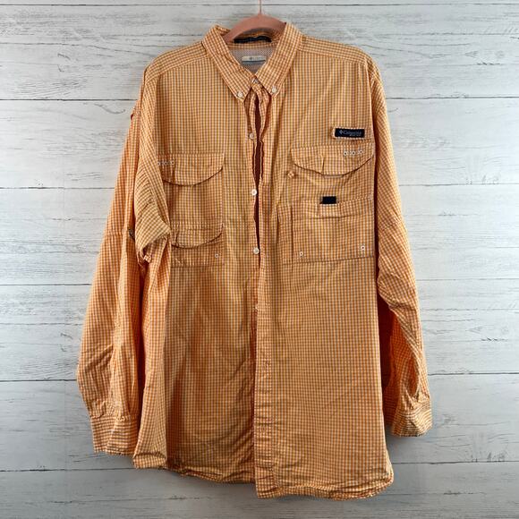 Columbia Orange and White Check PFG Button Down Shirt Size XL - Picture 1 of 8